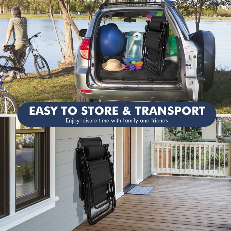 Outdoor folding zero gravity reclining lounge chair in black, easily stored and transported, perfect for beach or yard.