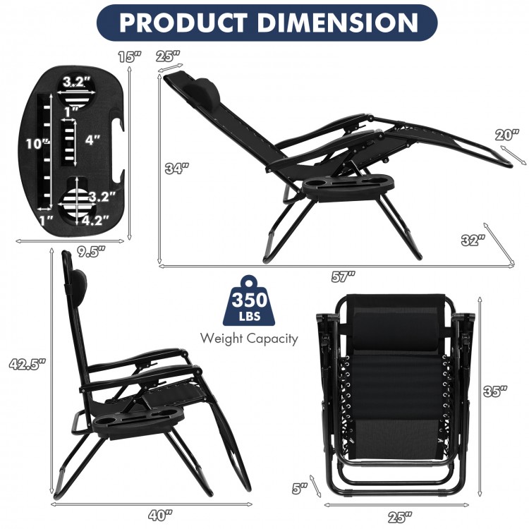Zero gravity reclining lounge chair in black with adjustable headrest and cup holder, perfect for outdoor relaxation.