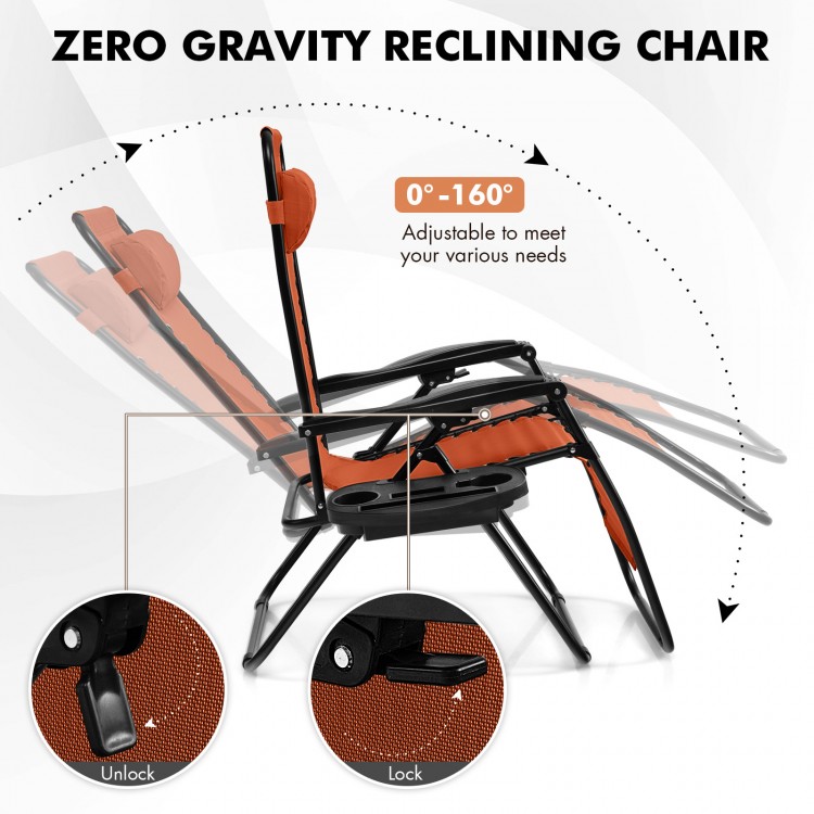 Zero gravity reclining lounge chair in orange with adjustable backrest and removable headrest for outdoor relaxation.