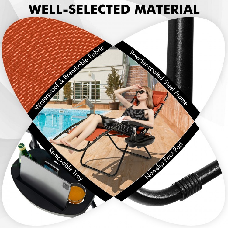 Outdoor folding zero gravity reclining lounge chair in orange with removable tray, ideal for relaxation by the pool.