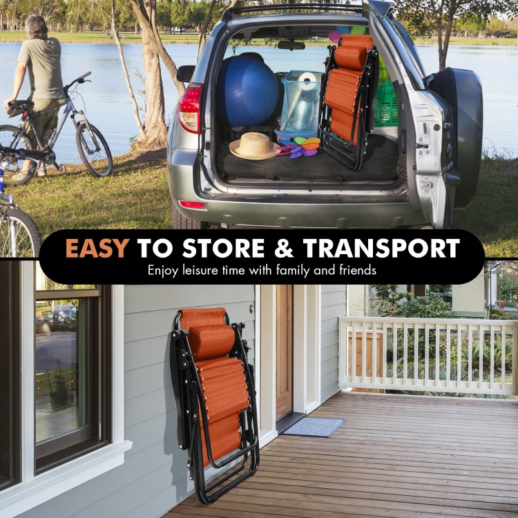 Outdoor folding zero gravity reclining lounge chair in orange, featuring a sturdy frame, easy transport, and storage.