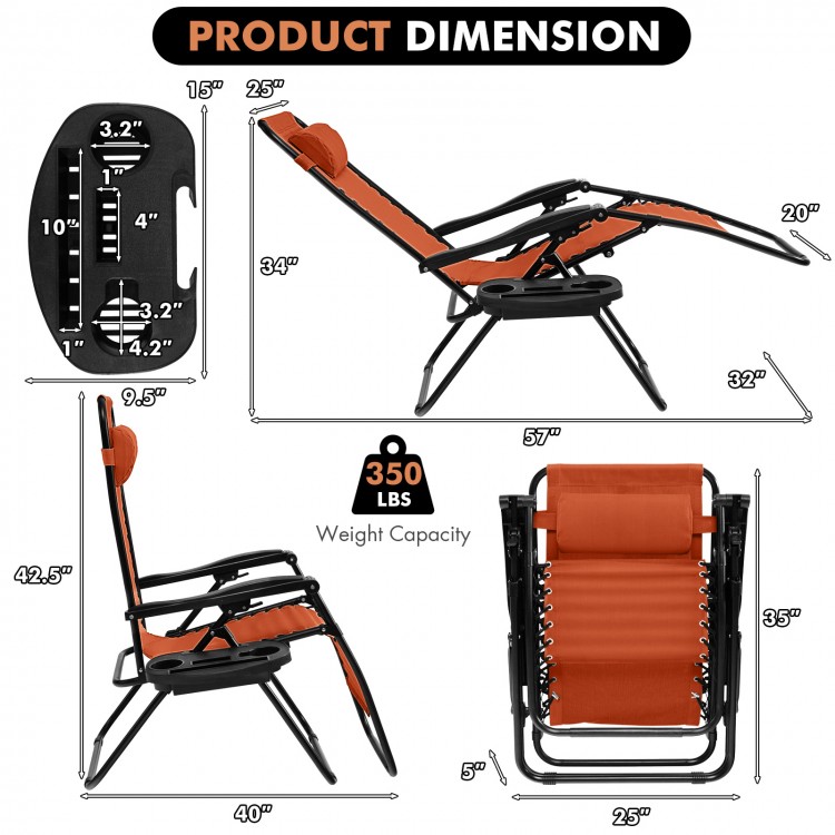 Outdoor folding zero gravity reclining lounge chair in orange, featuring adjustable back and removable headrest for.
