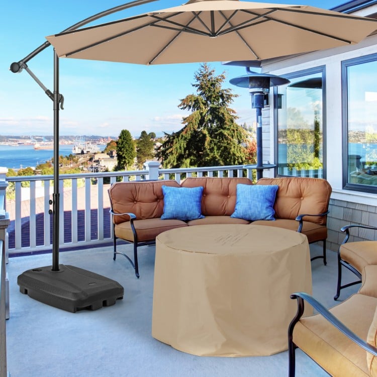 Fillable universal offset umbrella base in black with wheels, designed for stability and easy movement on patios or.
