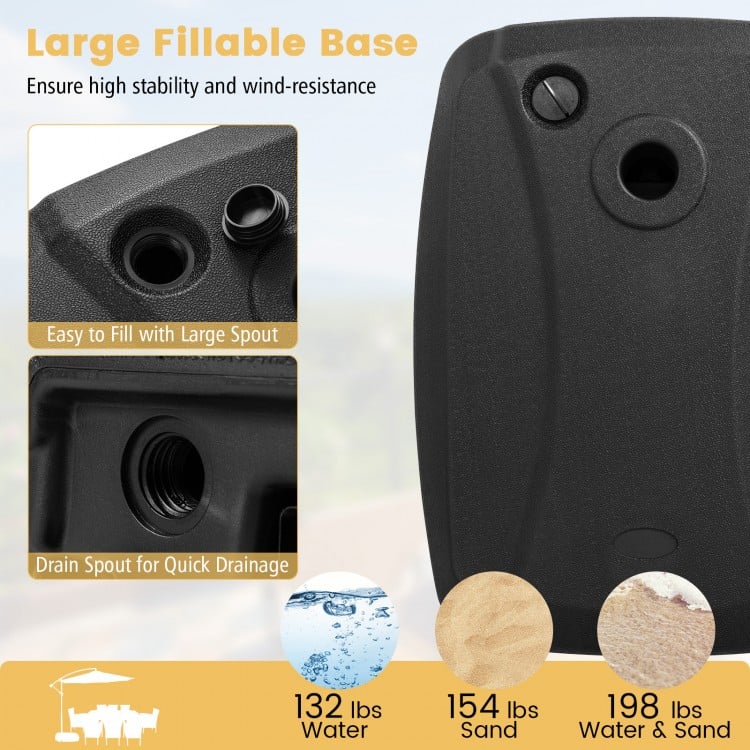 Close-up of the fillable universal offset umbrella base in black, featuring a large fill hole and drain spout for easy.