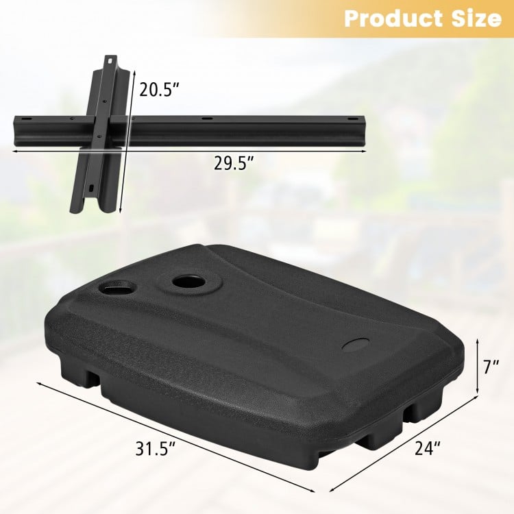 Fillable universal offset umbrella base in black with cross base, wheels, and dimensions for patio or poolside use.