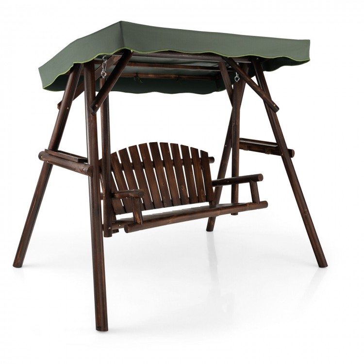 2-person outdoor wooden porch swing with adjustable canopy, carbonized fir wood, and rustic style for garden relaxation.