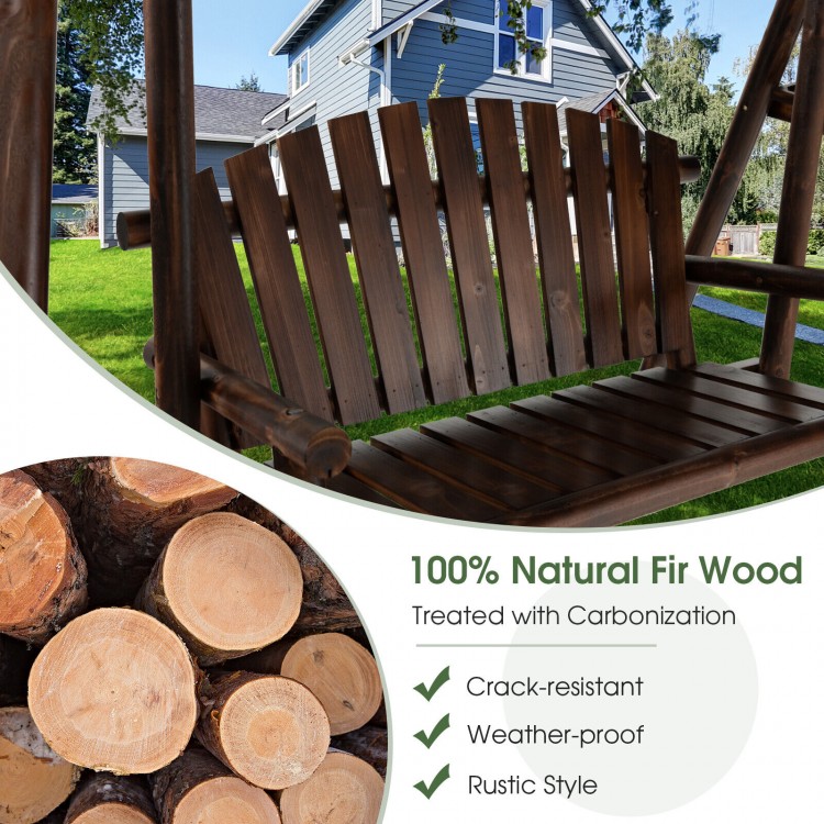 2-person outdoor wooden porch swing made of carbonized fir wood with adjustable canopy, perfect for garden relaxation.