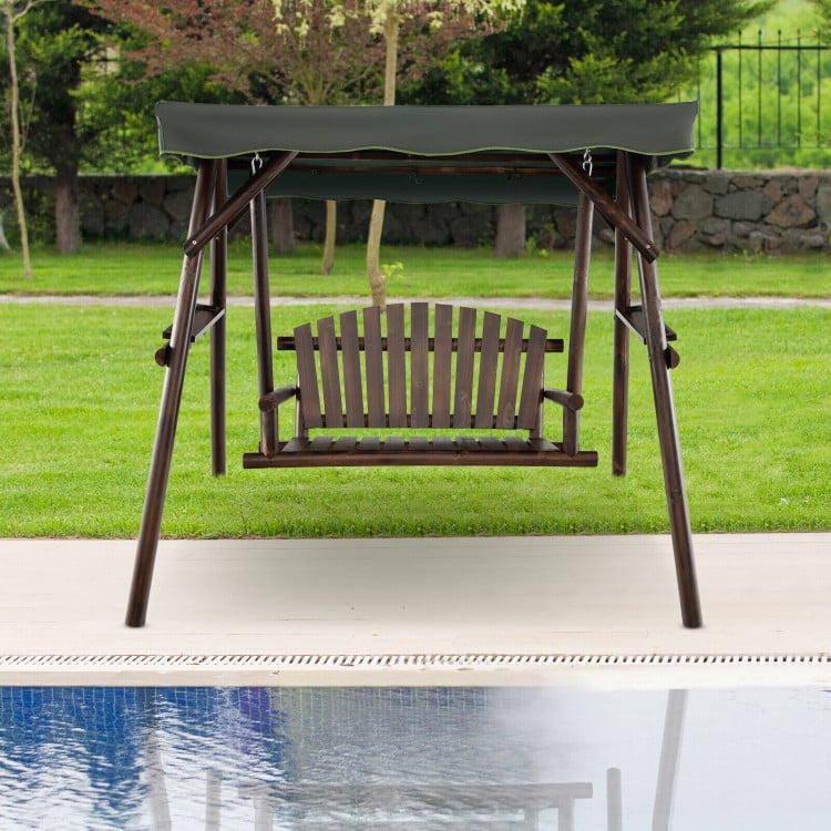 2-person outdoor wooden porch swing with adjustable canopy, carbonized fir wood, perfect for garden relaxation.