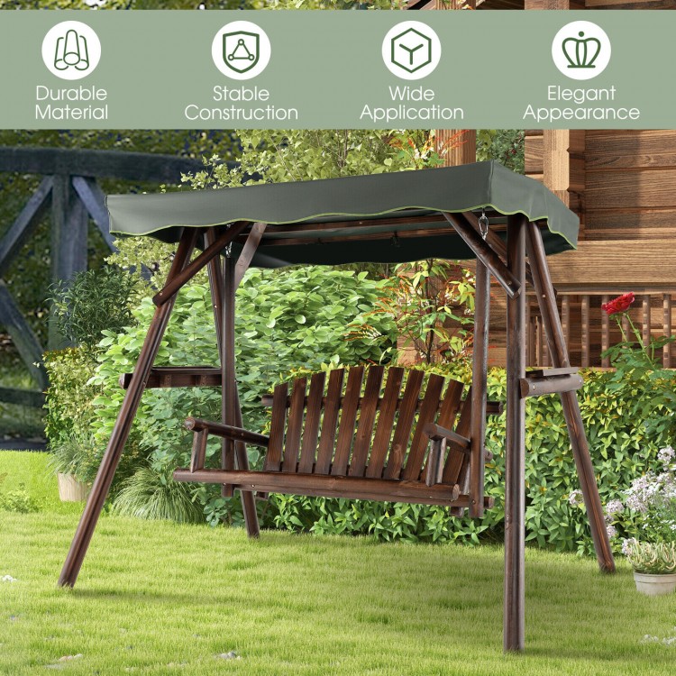 Side view of the 2-person outdoor wooden porch swing showcasing the long armrests and slanted backrest for comfort.
