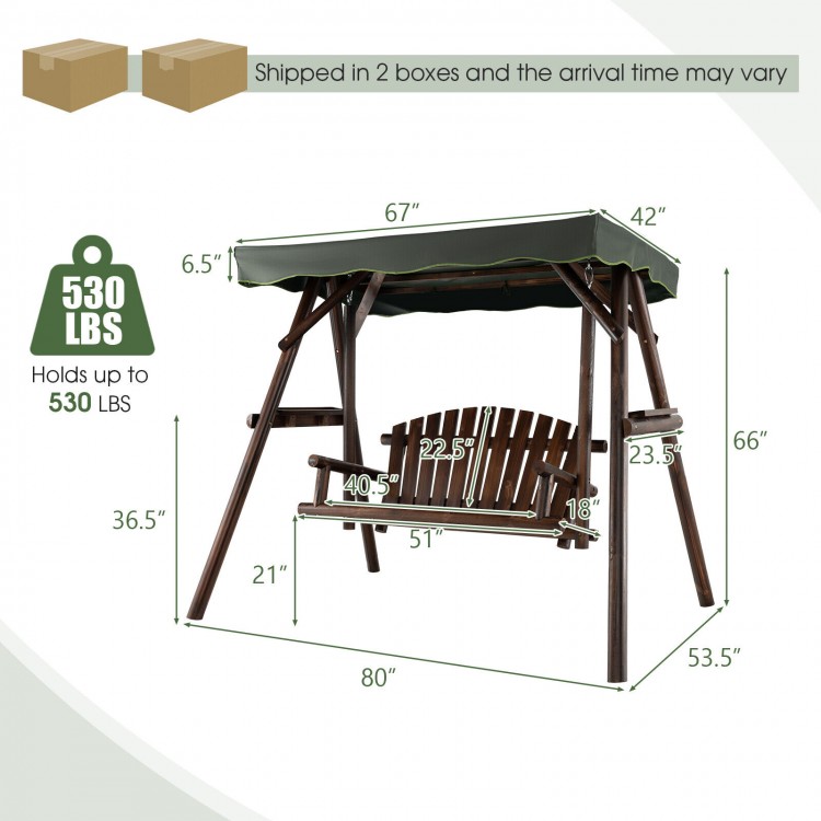 2-person outdoor wooden porch swing with adjustable canopy, carbonized fir wood, holds up to 530 lbs, ideal for.