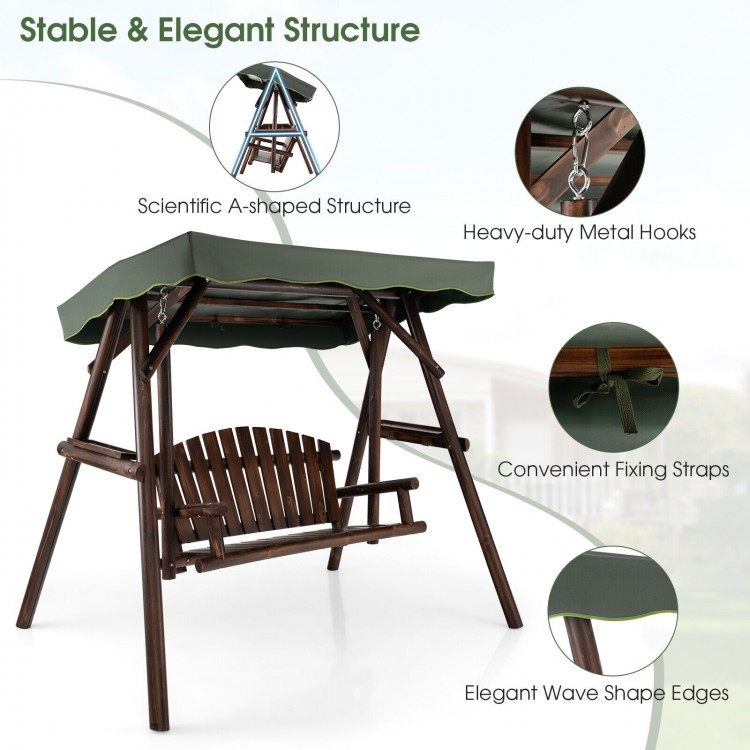 2-person outdoor wooden porch swing with adjustable canopy, sturdy A-frame, and rustic design for garden relaxation.