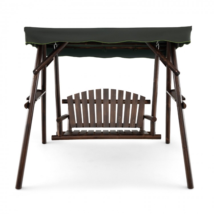 Front view of the 2-person outdoor wooden porch swing featuring a weatherproof adjustable canopy and wide slatted seat.