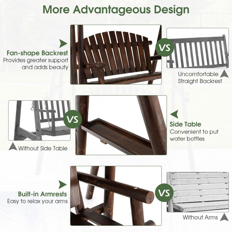 Fan-shaped backrest and built-in armrests of the 2-person outdoor wooden porch swing for enhanced comfort and.
