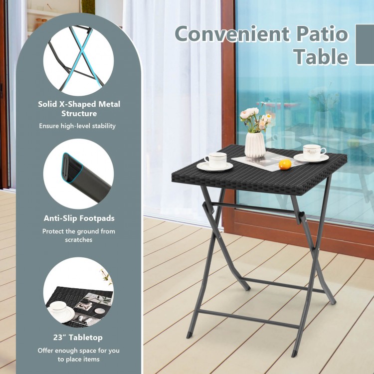 Folding patio table with a solid X-shaped metal structure and anti-slip footpads, perfect for outdoor use.
