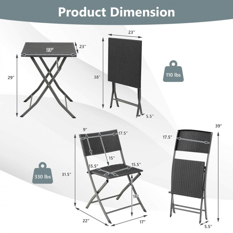 Folding wicker chairs and table dimensions for the 3 Pieces Patio Bistro Set in black, ideal for outdoor spaces.