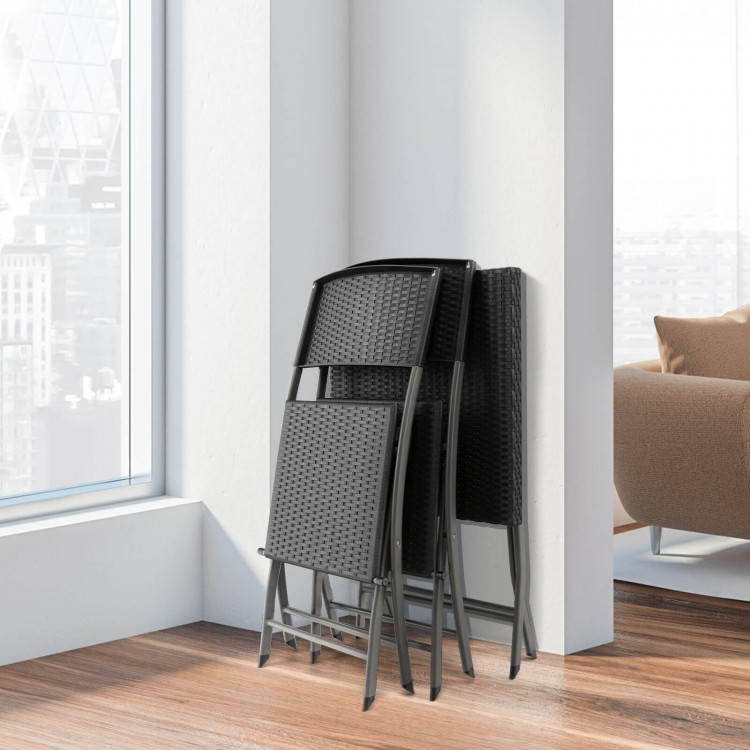 Folding wicker chairs and table from the 3 Pieces Patio Bistro Set in black, perfect for outdoor spaces like patios and.