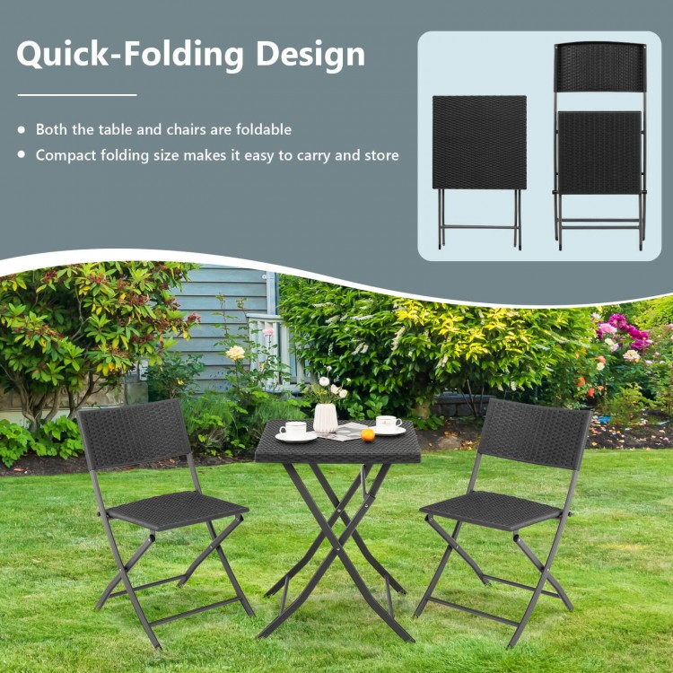 Folding wicker chairs and table in black, featuring rustproof steel frame, perfect for patio or garden use.