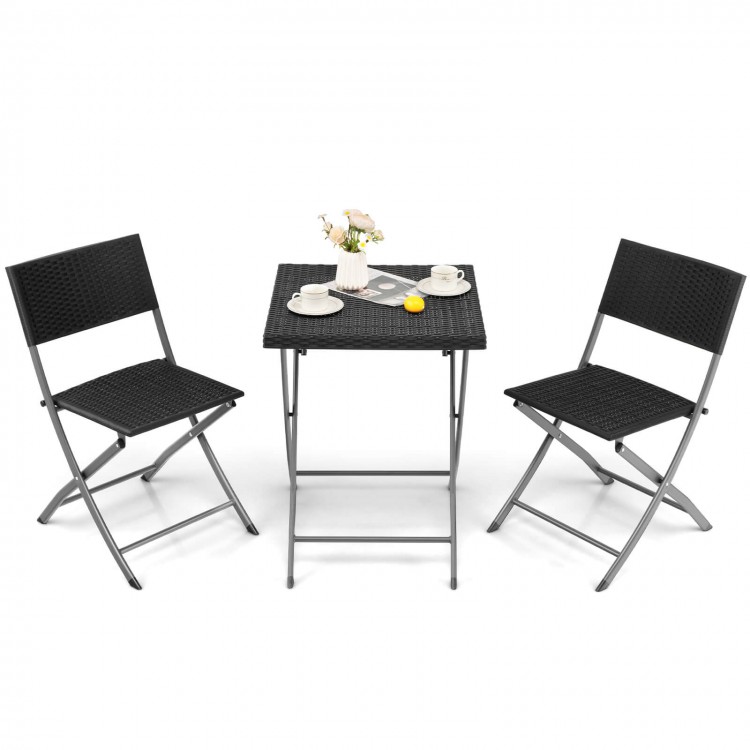Folding black wicker chairs and table set with rustproof steel frame, perfect for patio or balcony use.