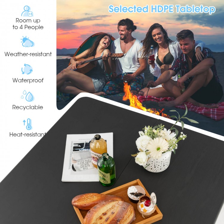 Folding camping table with gray HDPE tabletop and rustproof steel frame, accommodating up to 4 people for outdoor use.
