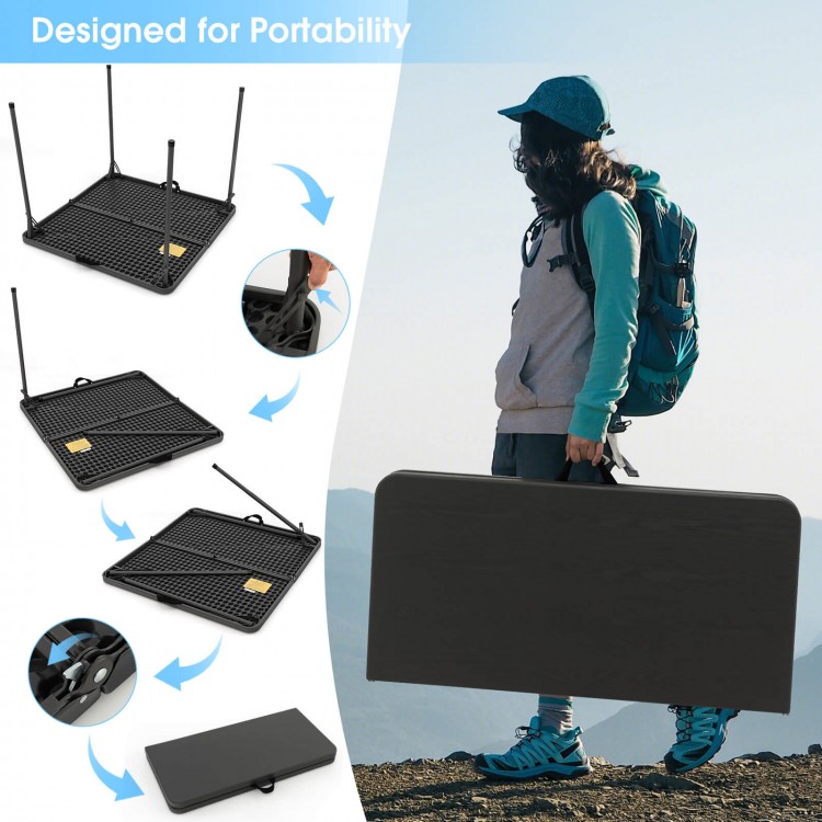 Folding camping table with gray HDPE tabletop and rustproof steel frame, designed for portability and outdoor use.