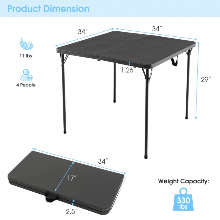 Folding camping table with gray HDPE tabletop and rustproof steel frame, accommodating 4 people for outdoor use.
