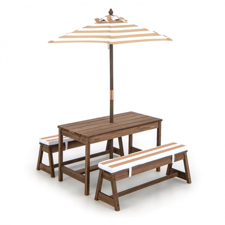 Kids picnic table and bench set in brown with cushions and height adjustable umbrella for outdoor play and relaxation.