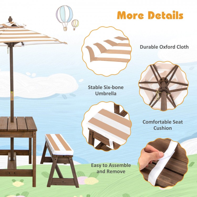 Kids picnic table and bench set with brown cushions and adjustable umbrella, ideal for outdoor play and relaxation.