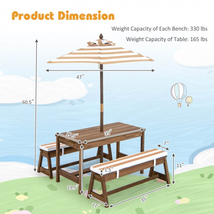 Kids picnic table dimension chart showing sizes for the table and benches, featuring sturdy fir wood construction.