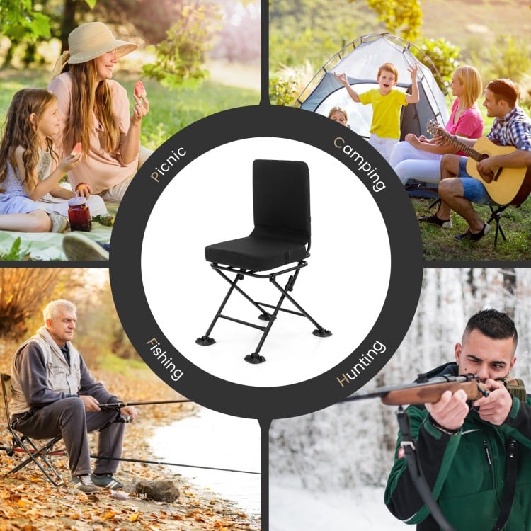 Swivel folding chair with backrest and padded cushion in black, ideal for camping, fishing, and hunting activities.