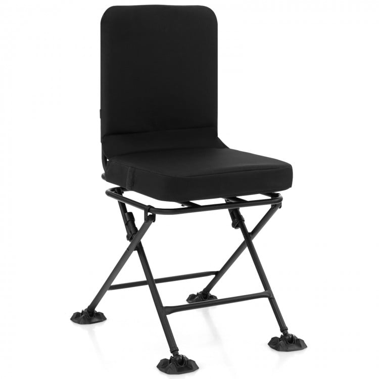 Swivel folding chair with backrest and padded cushion in black, ideal for camping and hunting with portable design.