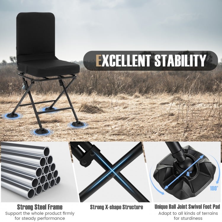 Swivel folding chair with backrest and padded cushion in black, featuring a strong steel frame for outdoor activities.