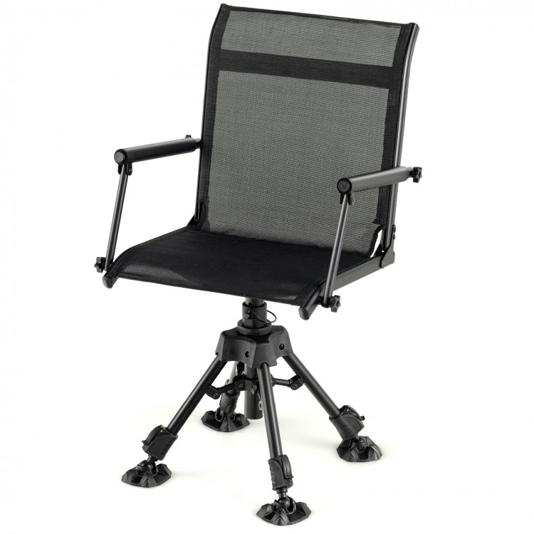 Folding swivel patio chair with adjustable legs, breathable mesh seat, and ergonomic armrests for outdoor comfort.