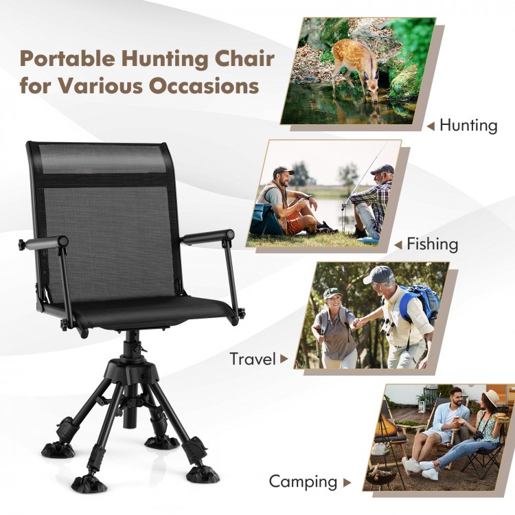 Folding swivel patio chair in black with adjustable legs, ideal for hunting, fishing, camping, and travel.