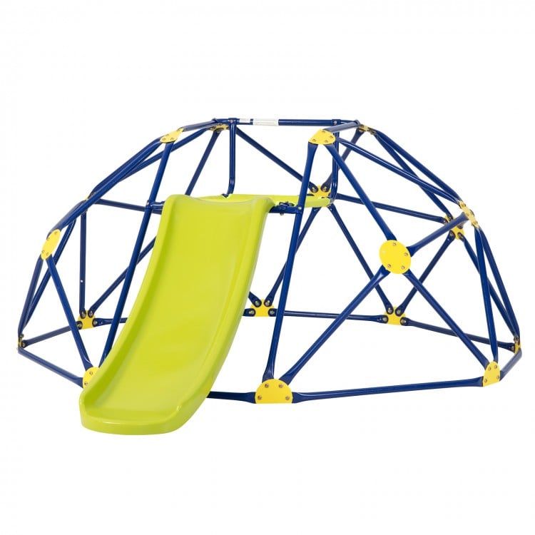 Kids climbing dome with a smooth green slide and sturdy blue steel frame, ideal for outdoor play in gardens or parks.