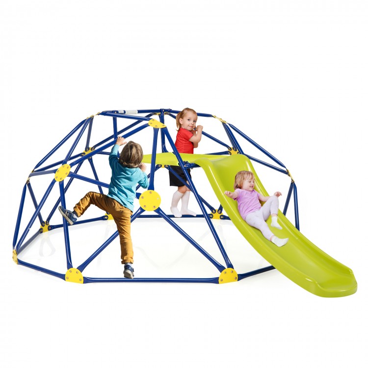 Kids climbing dome with slide in blue, featuring a fabric cushion, ideal for outdoor play in gardens and parks.