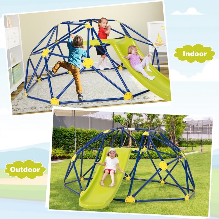 Kids climbing dome with slide in blue, featuring a rust-resistant frame and fabric cushion, ideal for outdoor play.