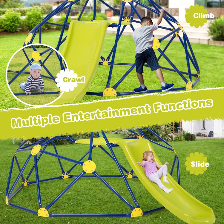 Kids climbing dome with slide in blue, featuring a sturdy rust-resistant frame, ideal for outdoor play and motor skill.