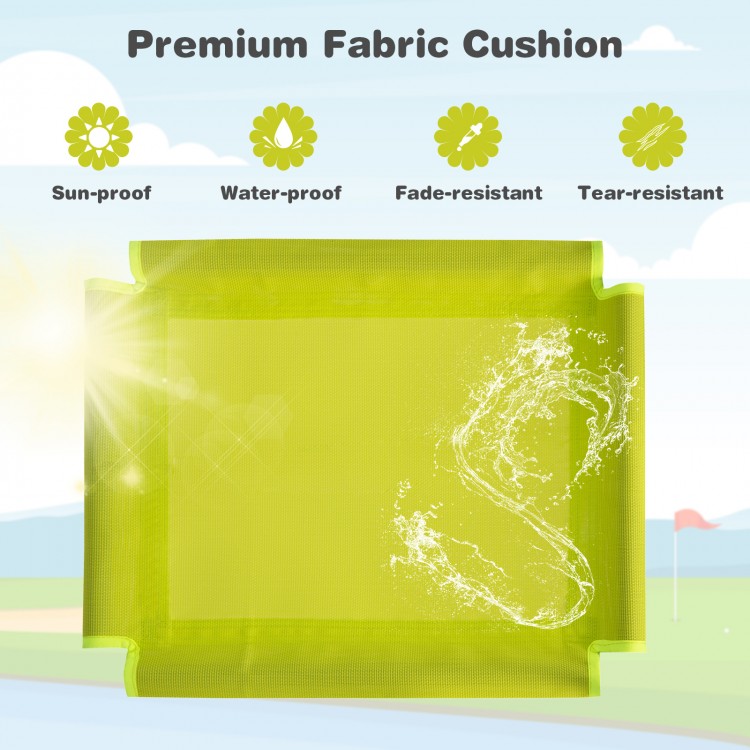 Bright green fabric cushion for kids climbing dome, featuring sun-proof, water-proof, and tear-resistant qualities.