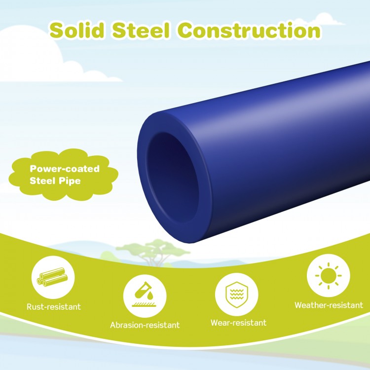 Close-up of the blue power-coated steel pipe for the Kids Climbing Dome, featuring rust-resistant construction for.