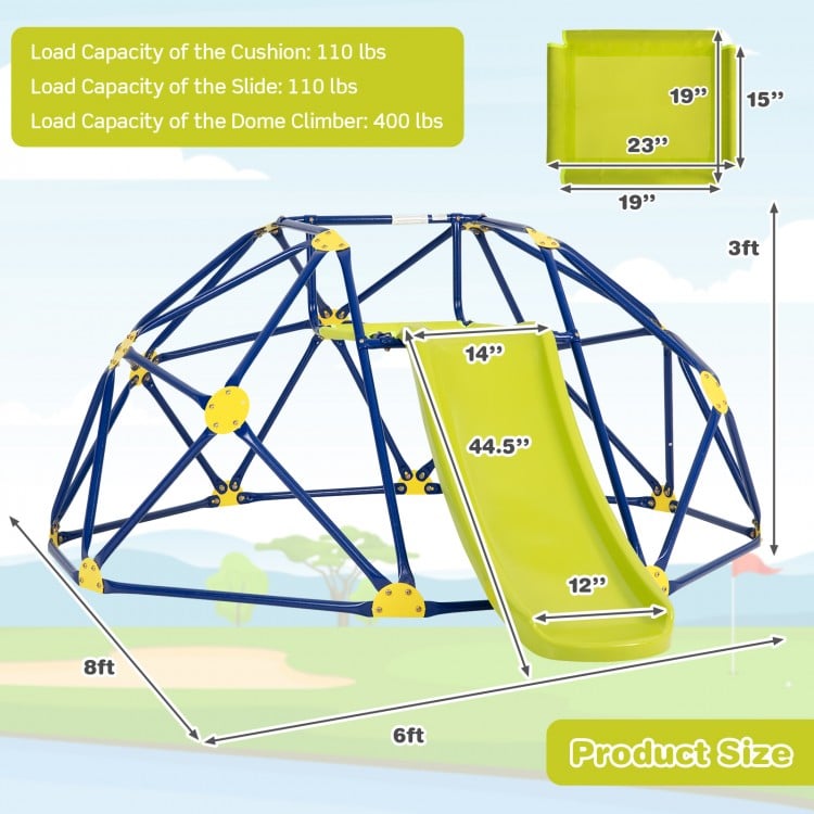 Kids climbing dome with slide and fabric cushion, blue, featuring a rust-resistant frame and safety handrails for.