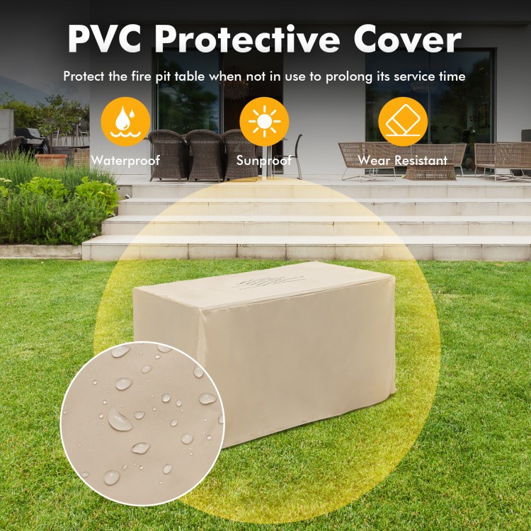 Protective PVC cover for 43-inch propane fire pit table, waterproof and wear-resistant for outdoor use.