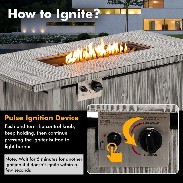 Pulse ignition device on the 43-inch propane fire pit table, showcasing easy flame adjustment and control features.