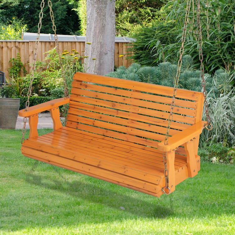 2-person wooden porch swing in orange with hanging chains, designed for garden use, featuring a slat design for.