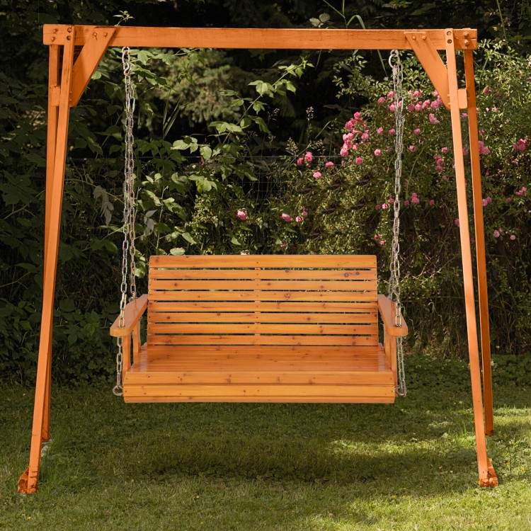 Two-person wooden porch swing in orange with rustproof chains, designed for garden relaxation and stability.