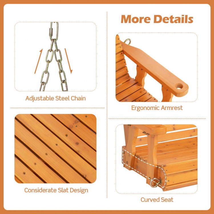 Detail of the 2-person wooden porch swing showing adjustable steel chain, ergonomic armrest, and considerate slat.