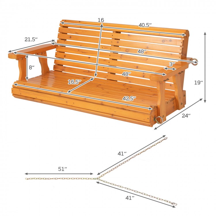 2-person wooden porch swing with dimensions, rustproof chains, and slat design for outdoor comfort and stability.
