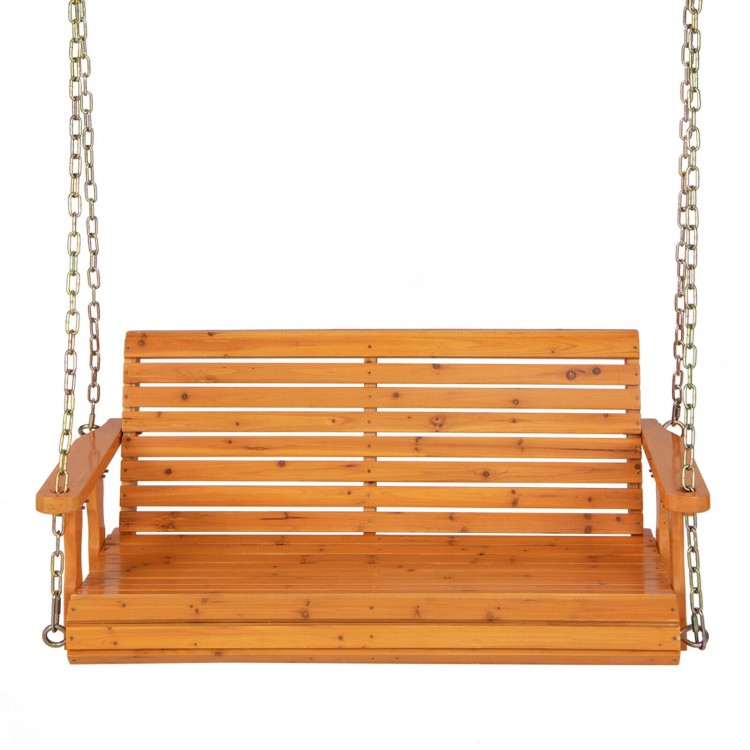 Two-person wooden porch swing with hanging chains, waterproof finish, and slat design for outdoor comfort and stability.