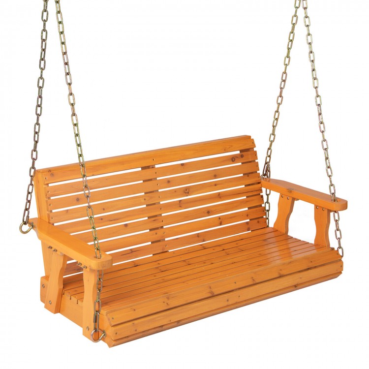 2-person wooden porch swing in orange with rustproof chains, designed for outdoor comfort and stability.