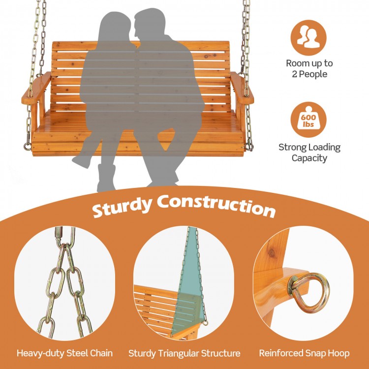 2-person wooden porch swing with rustproof chains, solid wood frame, and slat design for outdoor comfort and stability.