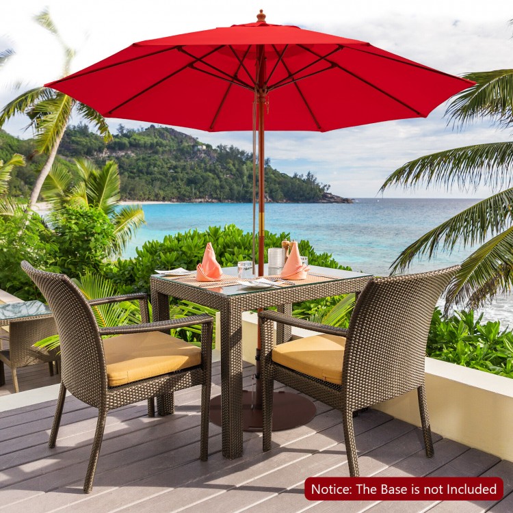 Round 9.5 ft red patio umbrella with fiberglass ribs, providing ample shade for outdoor relaxation. Base not included.